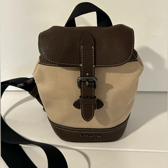 Coach Hudson Sling Pack Canvas Leather Brown Tan Crossbody Backpack NWT - Picture 3 of 12